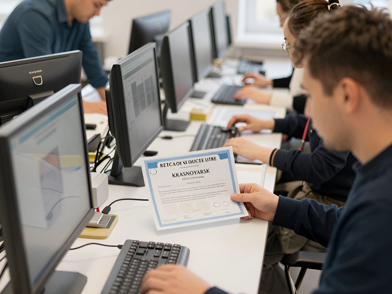 Команда специалистов центра оформления справок в Красноярске работает в современном офисе при естественном освещении